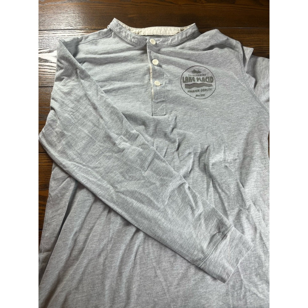 Techstyles Shirt Mens Sz L Lake Placid Adirondacks Cotton Henley LS Gray USA